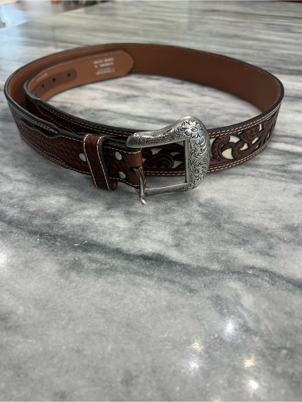 NOCONA MEN'S BROWN WITH IVORY INLAY TOOLED WESTERN BELT size 44